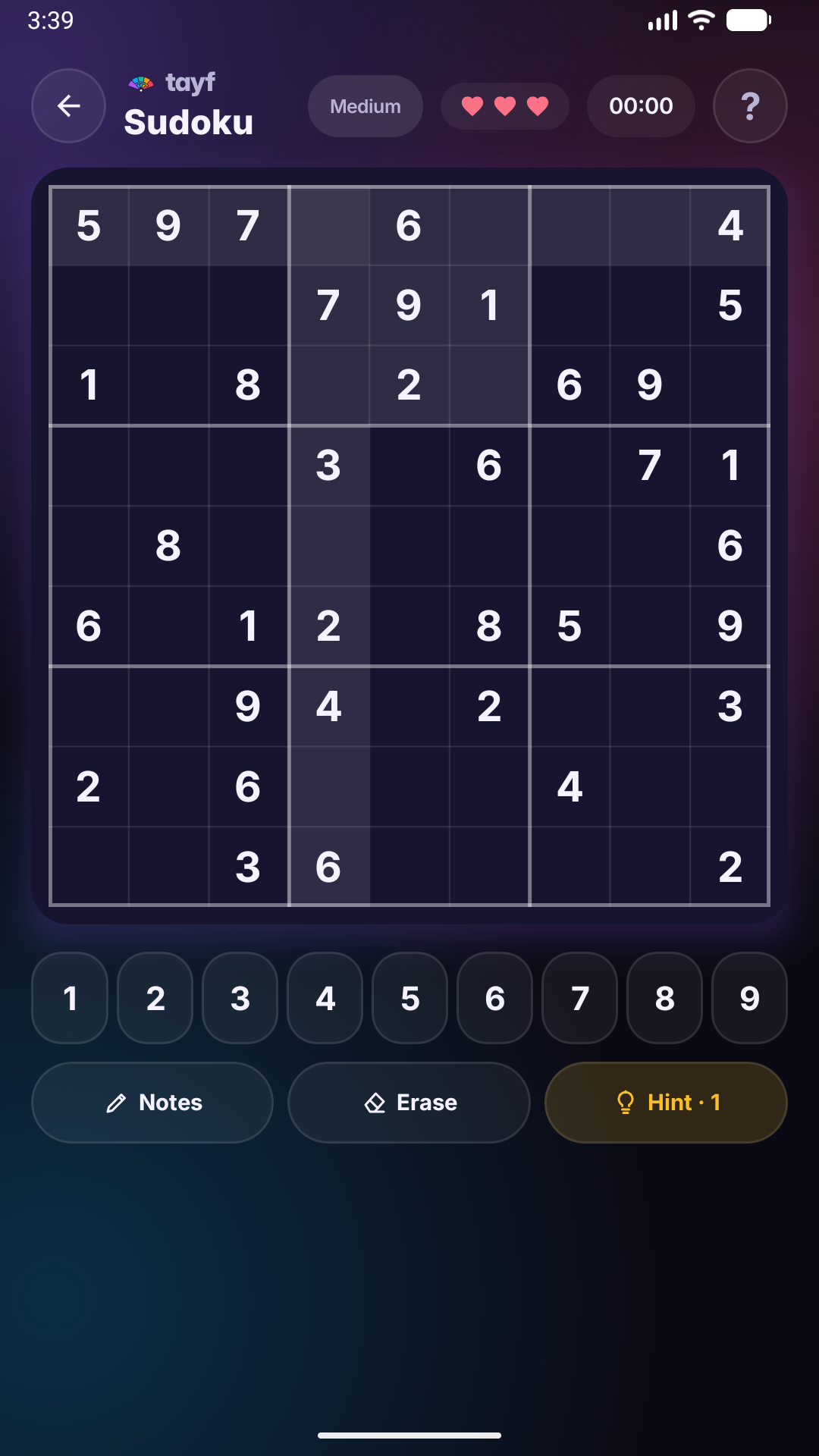Tayf Sudoku game screen