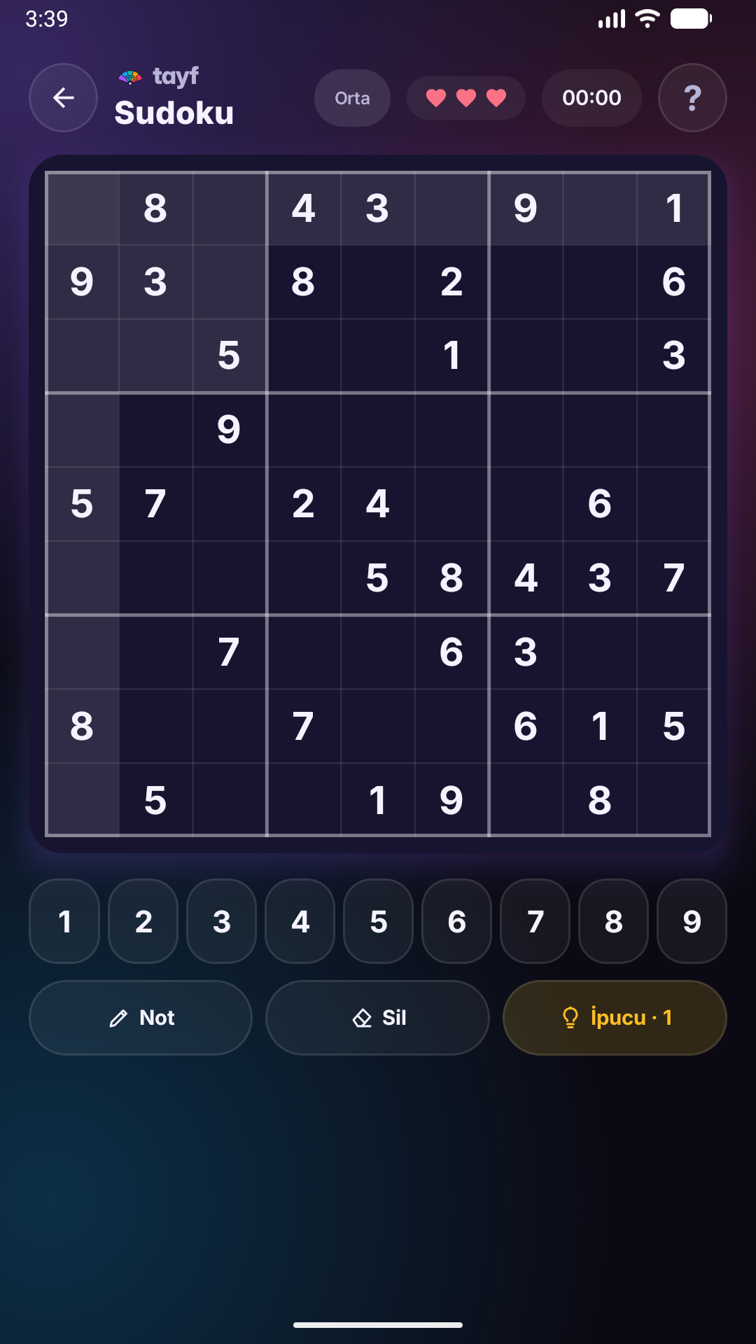 Tayf Sudoku oyun ekranı